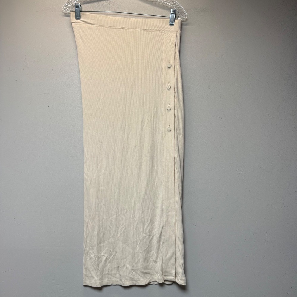 Mable Ribbed Knit Maxi Skirt Womens L Cream Excellent Side Button Slit MST7230